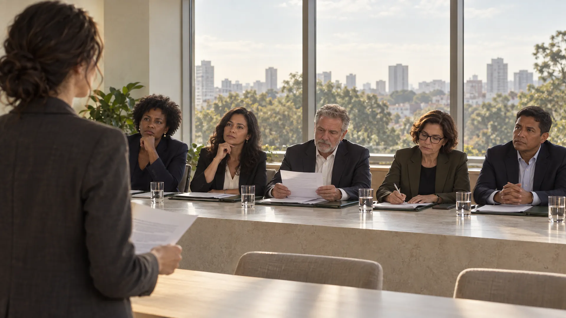 A substituta apresenta o projeto final a uma banca examinadora de cinco profissionais, sentados atrás de uma longa mesa clara.